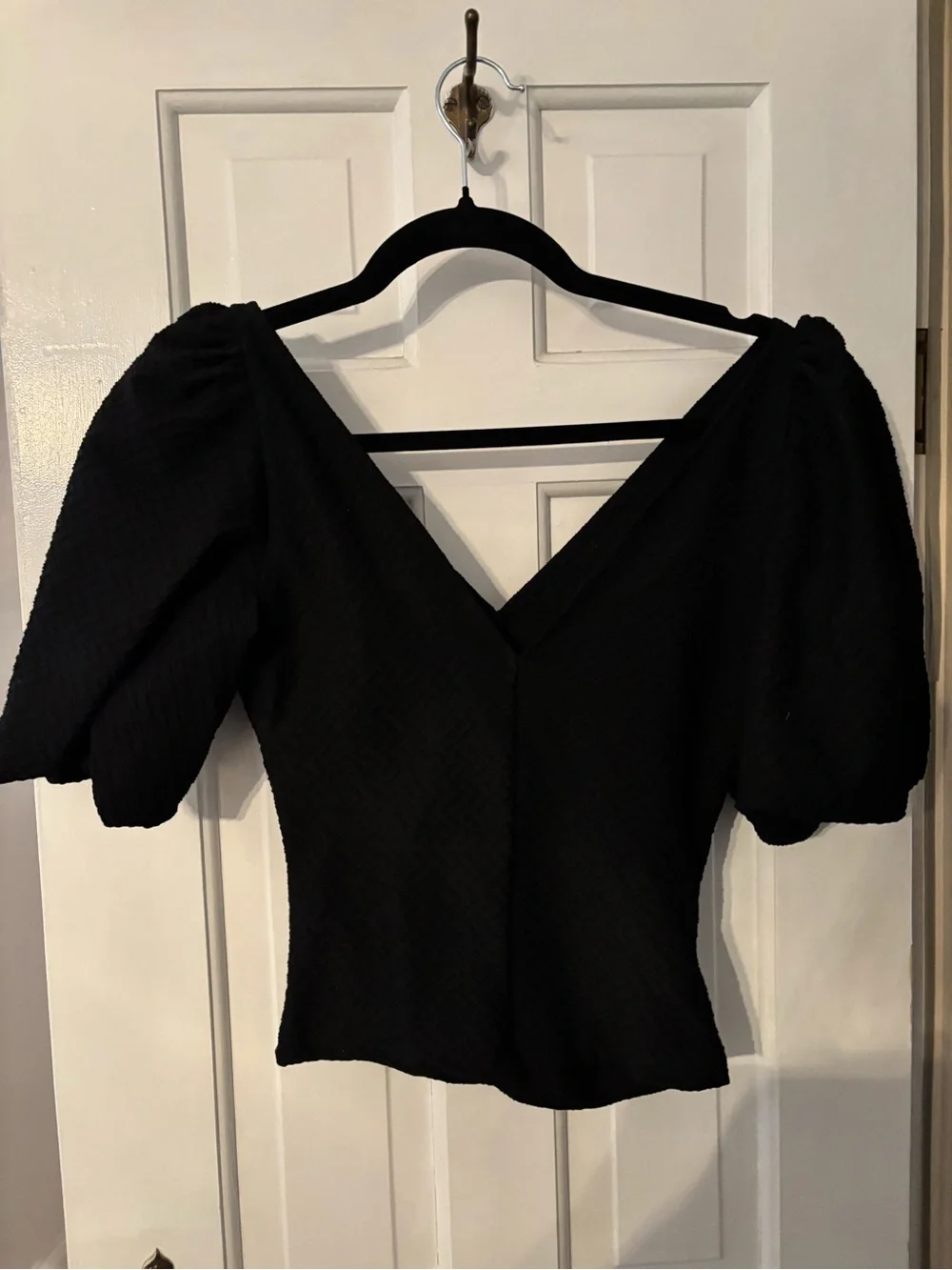Free People Black Puff-Sleeve V-Neck Top